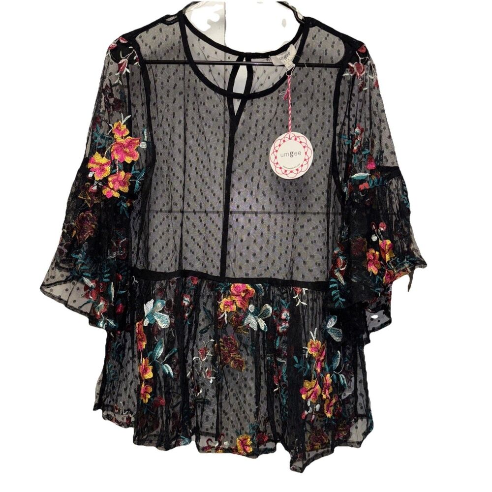 Umgee Black Sheer Floral Embroidered Blouse